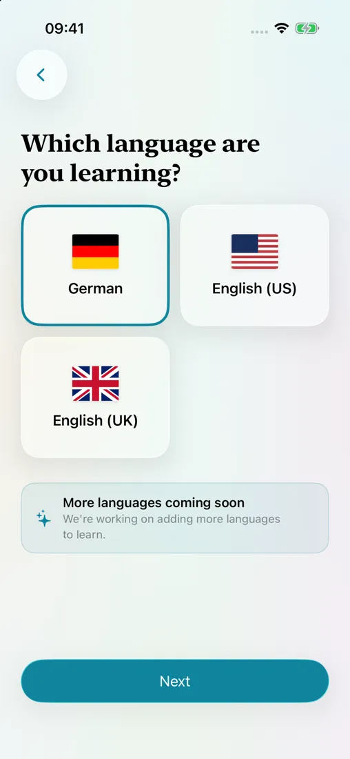 Halm’s language picker — choose the language you want to learn.