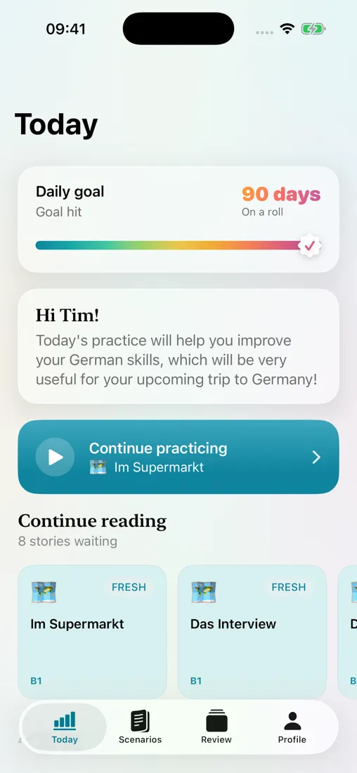 Halm’s Today screen — a fresh story, words to review, and a gentle daily goal.